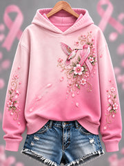 Women's Pink Floral & Hummingbird Print Breast Cancer Awareness Support Hoodie