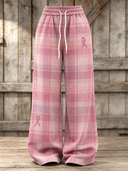 Women's Vintage Pink Ribbon Inspired Plaid Print Casual Sweatpants