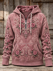 Women's Pink Rose and Pink Charity Ribbon Pattern Design Casual Half-zip Hoodie