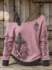 Women's Gothic Cross Pink Ribbon Roses Floral Print Off-Shoulder Sweatshirt