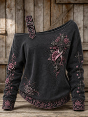 Women's Gothic Cross Pink Ribbon Roses Floral Print Off-Shoulder Sweatshirt