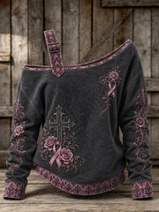 Women's Gothic Cross Pink Ribbon Roses Floral Print Off-Shoulder Sweatshirt
