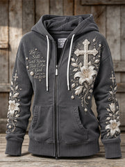 Women's Be Still and Know That I Am God Classy Cross & Lily Floral Print Full Zip Hoodie