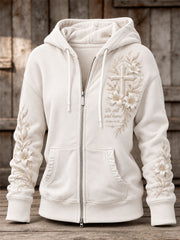 Women's Be Still and Know Classy Cross & Lily Floral Print Full Zip Hoodie