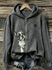 Women's Peeking French Bulldog & Paw Print Full Zip Hoodie