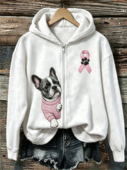 Women's Peeking French Bulldog Pink Ribbon Breast Cancer Awareness Full Zip Hoodie