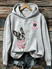 Women's Peeking French Bulldog Pink Ribbon Breast Cancer Awareness Full Zip Hoodie