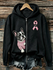 Women's Peeking French Bulldog Pink Ribbon Breast Cancer Awareness Full Zip Hoodie
