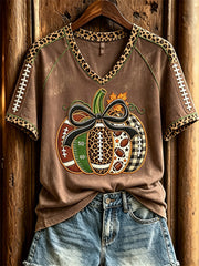 Women's Football Inspired Fall Pumpkin Print short-sleeved T-shirt