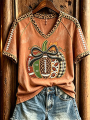 Women's Football Inspired Fall Pumpkin Print short-sleeved T-shirt