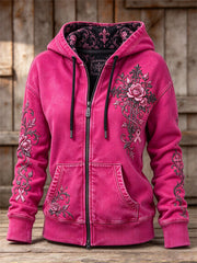 Women's Vintage Pink Ribbon Gothic Cross Roses Floral Art Print Full Zip Hoodie