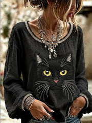 Women's Vintage Black Cat Face Art Linen Round Neck  Top