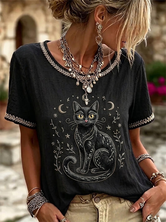 Women's Vintage Black Cat Face Art Linen Round Neck Short Sleeves Top