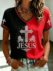 Women's JESUS Printed V-neck T-shirt