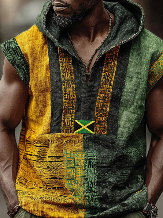 Men's Reggae Style Jamaica Flag Africa Kente Colorblock Print Hooded Linen Tank