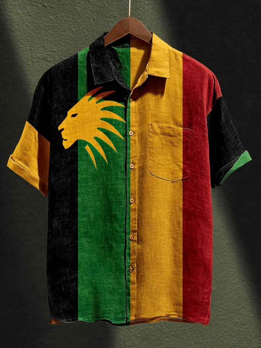 Men's retro reggae color-blocked design casual short-sleeve shirt