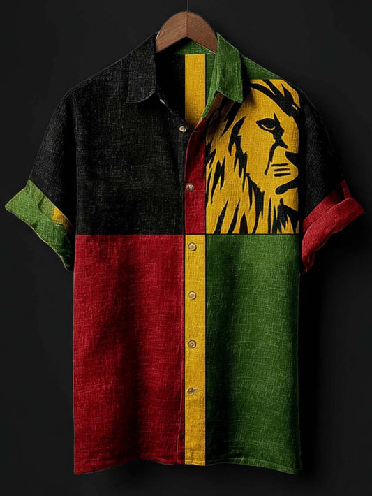 Men's retro reggae color-blocked design casual linen short-sleeve shirt