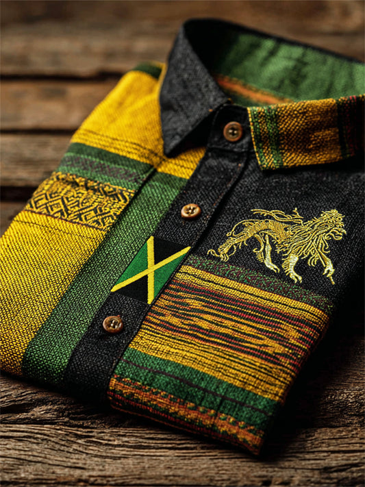 Men's Reggae Lion Jamaica Flag African Kente Colorblock Print Short Sleeve Shirt