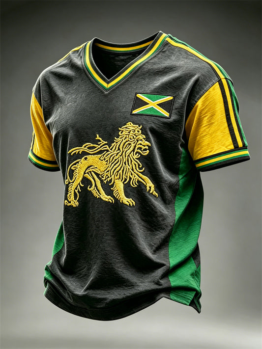 Men's Reggae Lion Jamaica Flag Colorblock Print Sports V-neck T-shirt
