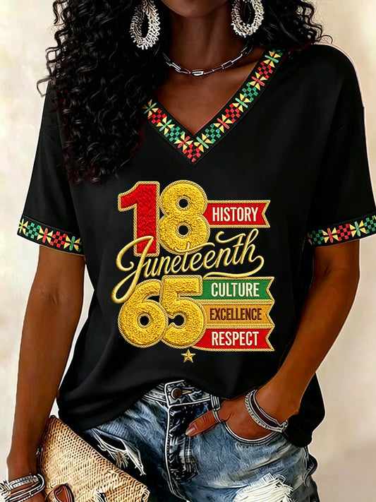 Women's Juneteenth  Print Casual V-Neck Tee