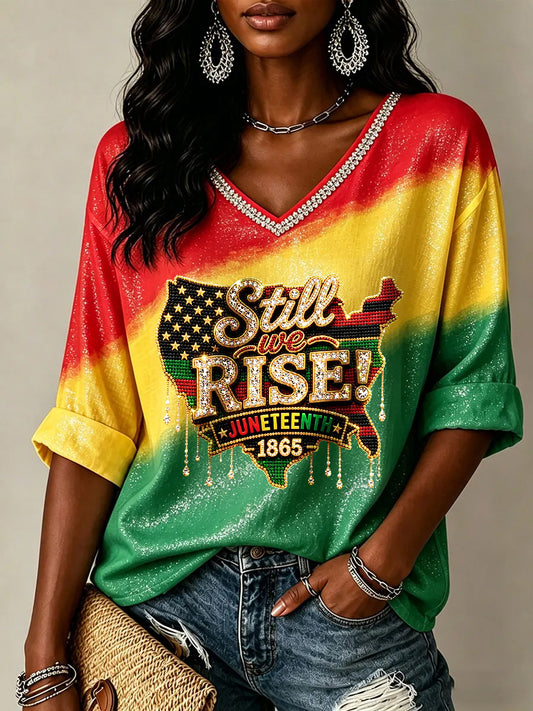 Women's Juneteenth Print Casual V-Neck Tee