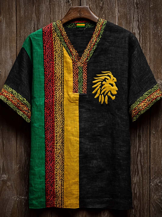 Men's Retro Reggae Color-blocked Design Casual Short Sleeve T-shirt