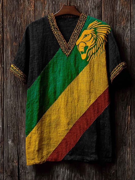 Men's Retro Reggae Color-blocked Design Casual Short Sleeve T-shirt