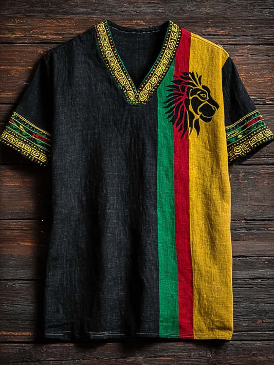 Men's Retro Reggae Color-blocked Design Casual Short Sleeve T-shirt