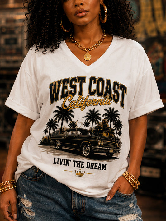 Women's Retro 90s Old School Hip-Hop Print Casual V-Neck Tee
