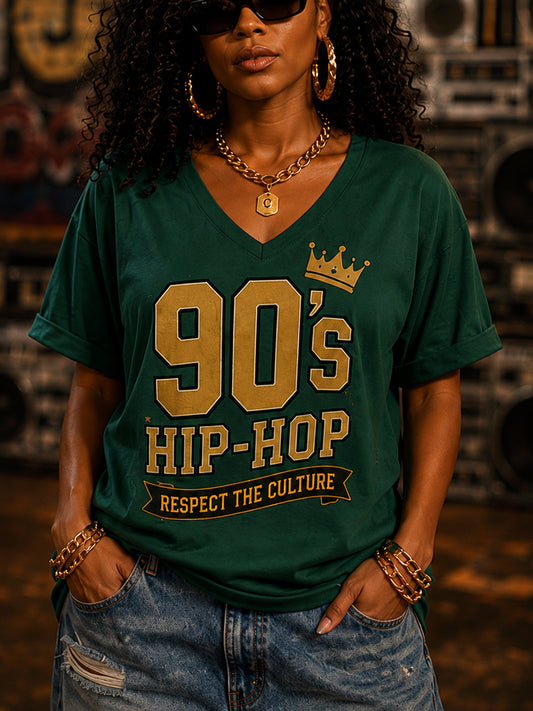 Women's Retro 90s Old School Hip-Hop Print Casual V-Neck Tee