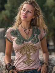 Woman's Vintage Viking Tree Of Life Floral Print V-neck T-shirt