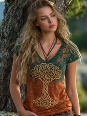 Woman's Vintage Viking Tree Of Life Floral Print V-neck T-shirt