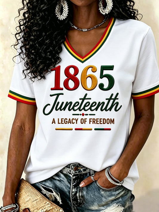 Women's Juneteenth Print Casual V-Neck Tee