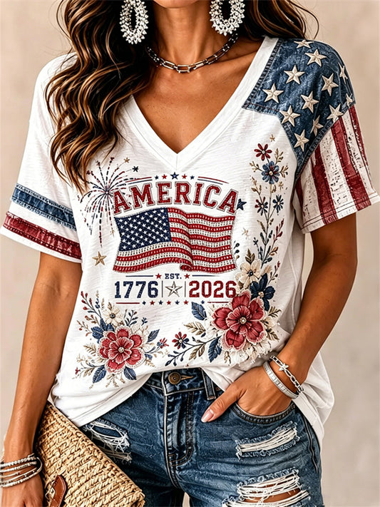 Women's America 1776 2026 Floral & Flag Print short-sleeved T-shirt