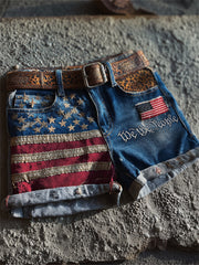Women's We the People Vintage American Flag Leopard Print Denim Shorts