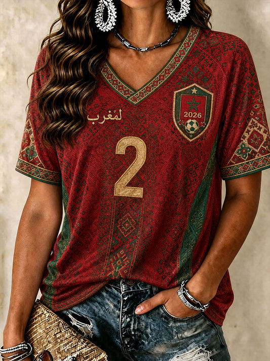 Women's 2026 Morocco No. 2 Football V-Neck T-Shirts