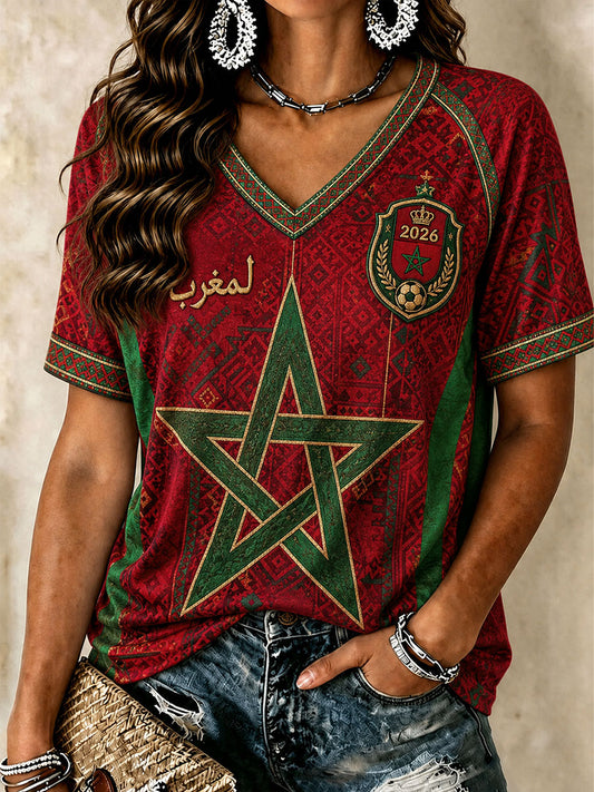 Women's 2026 Morocco Football V-Neck T-Shirts