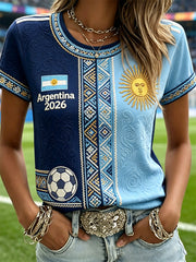 Women's 2026 Argentina Team Flag & Sun Ethnic Contrast Print short-sleeved T-shirt