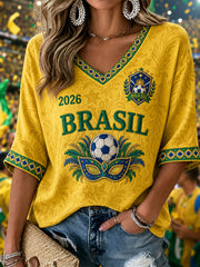 Women's Brazil Football Fan Gift Mid-length Sleeves V-Neck T-Shirt