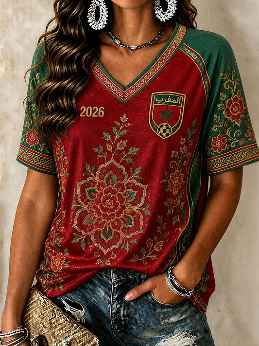 Women's 2026 Morocco Soccer V-Neck T-Shirts