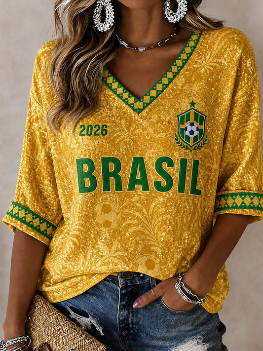 Women's Brazil Football Fan Gift Printed Mid-length Sleeves V-Neck T-Shirt