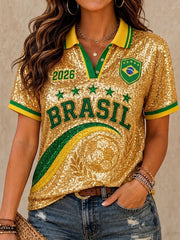 Women's Brazil Football Fan Gift Printed Short Sleeve Top