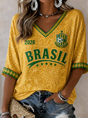 Women's Brazil Football Fan Gift Printed Mid-length Sleeves V-Neck T-Shirt