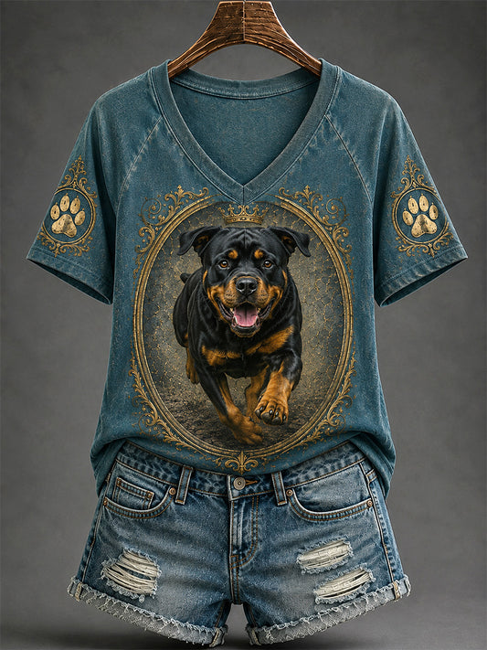 Women's Retro Dog Print Casual V-Neck Tee