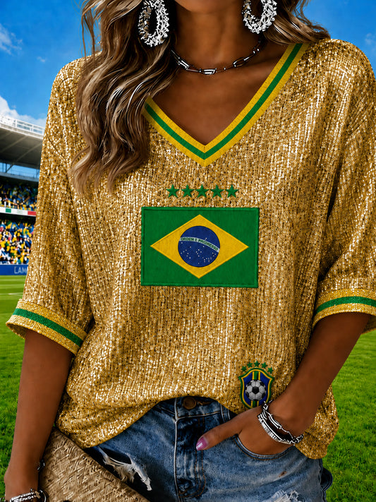 Women's Brazil Football Fan Gift Printed Mid-length Sleeves V-Neck T-Shirt