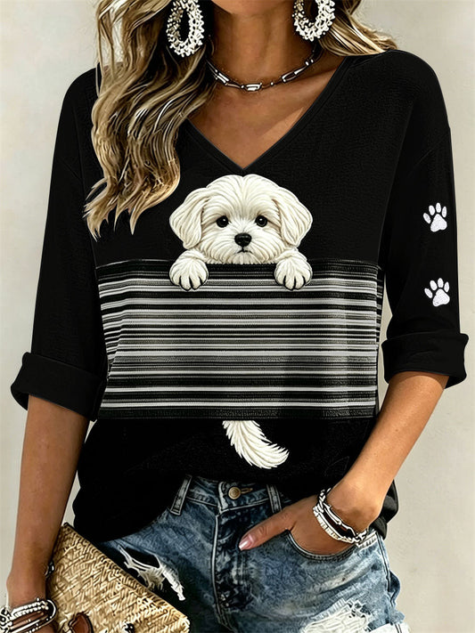 Women's Peeking Maltese Dog & Paw Prints Colorblock Print Mid-length Sleeves V-Neck T-Shirt