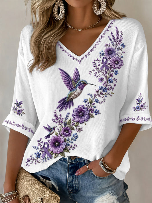 Women's Purple Floral & Hummingbird Print Alzheimer's Awareness Support Half-Sleeves V-Neck T-Shirt