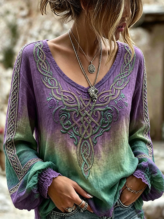 Women's Vintage Viking Celtic Knot Print Gradient Cotton-Linen Shirt