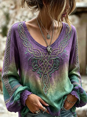 Women's Vintage Viking Celtic Knot Print Gradient Cotton-Linen Shirt