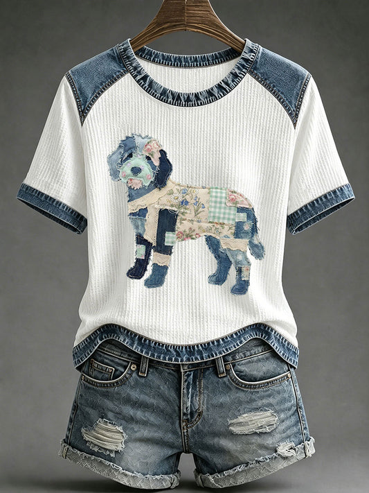Women's Floral Plaid Denim Dog Art Waffle Print Casual T-Shirt